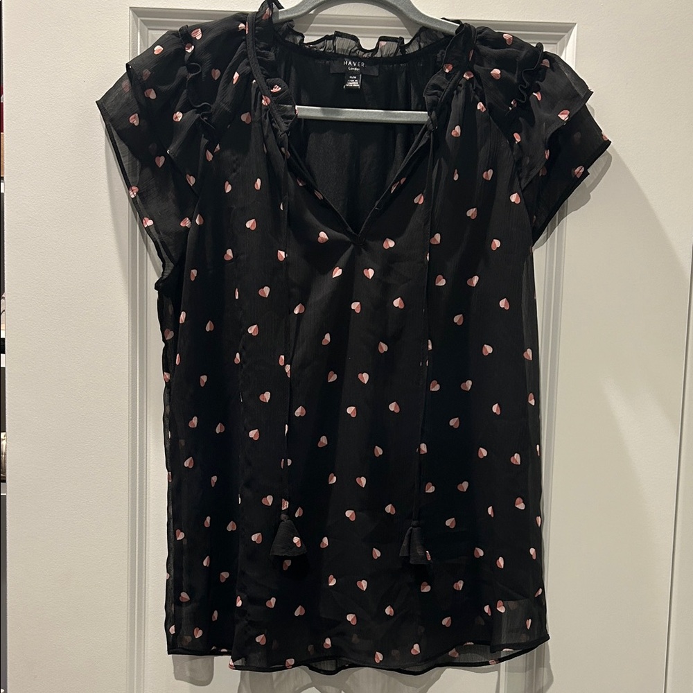 Haver V Neck Sheer Black Blouse with Pink Heart Accents Women’s Size Medium